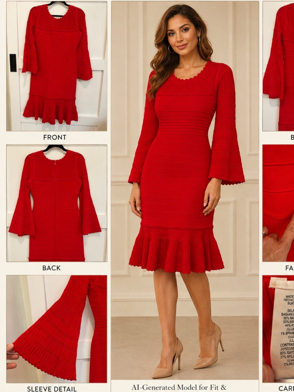 Hervé Léger Red Bandage Dress Bell Sleeves Flounce Hem L 👗 HL